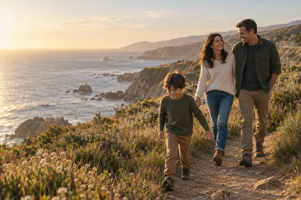A family sharing an afternoon walk by the coast