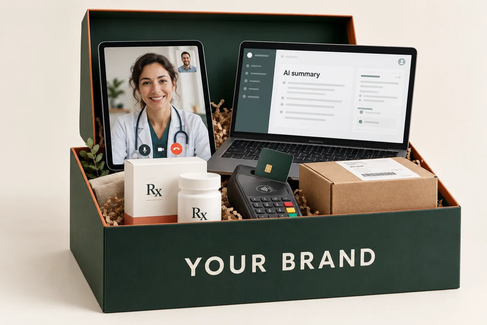 TEHR business-in-a-box concept: a provider video call, prescription packaging, payment terminal, shipping parcel and AI-assisted software in a box labeled Your Brand.
